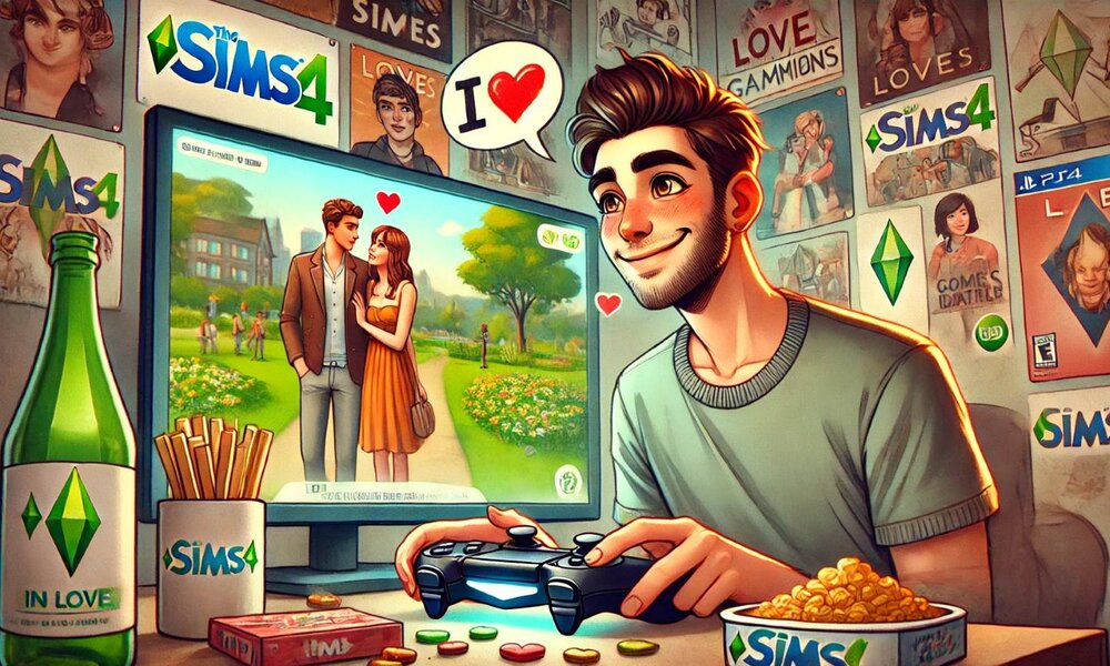 Ein junger Mann mit Bart und kurzem Haar spielt lächelnd Sims 4, während ein Sims-Paar verliebt auf dem Bildschirm erscheint. | © Sabrina Forst – KI generiert