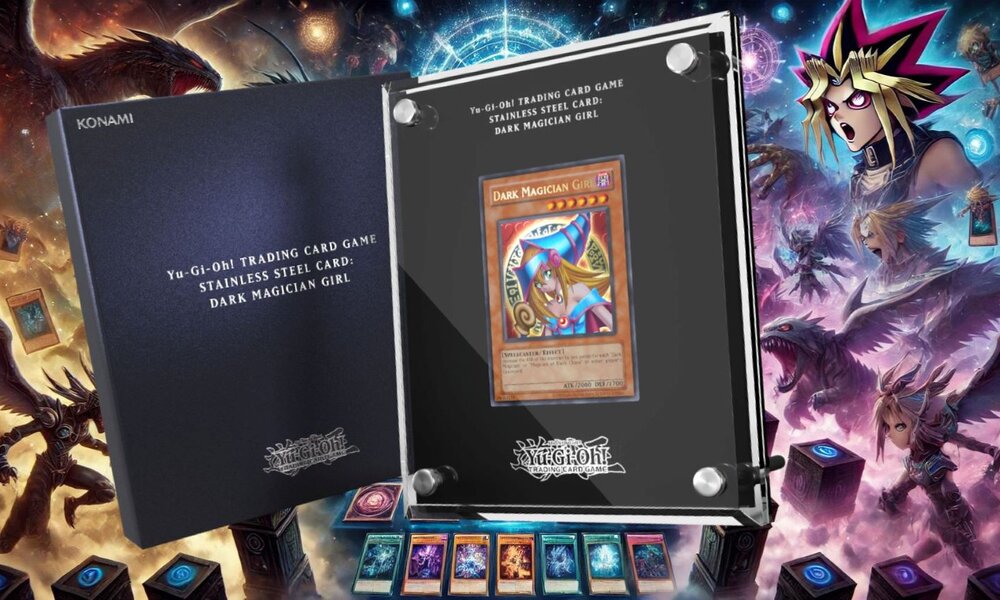 Eine Yu-Gi-Oh! Sammelkarte "Dark Magician Girl" in Edelstahlrahmen, daneben die Verpackung vor buntem Hintergrund mit Charakteren. | © KONAMI  / Hintergrund: Sabrina Forst – KI generiert
