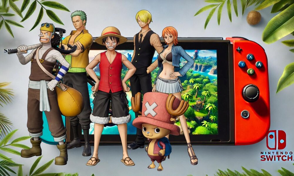 Sechs Anime-Charaktere stehen vor einem bunten Hintergrund und einem Gaming-Tablet mit Spielszene. | © Bandai Namco Entertainment / Hintergrund: Sabrina Forst – KI generiert