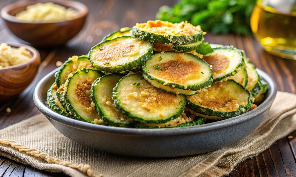 Gebackene Zucchini-Chips in Parmesan-Hülle auf einem dunklen Teller angerichtet. | © Adobe Stock / pirun