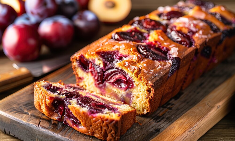 Angeschnittener Low Carb Pflaumenkuchen in Kastenform, dahinter frische Pflaumen, auf Holzuntergrund. | © Adobe Stock / Vasiliy