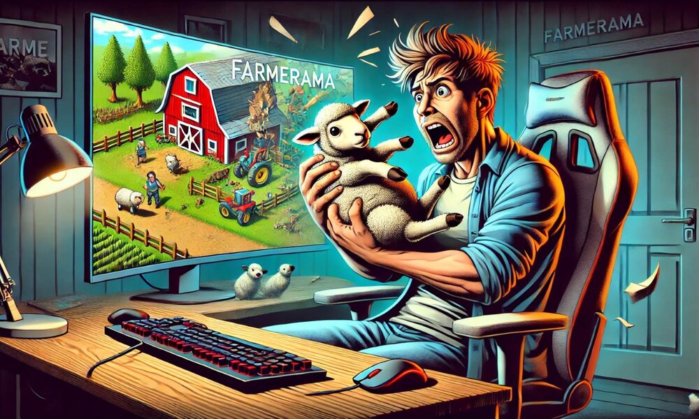 Mann mit wildem Haar und weit aufgerissenen Augen hält ein Lamm fest, während er vor einem Bauernhofspiel am Computer sitzt. | © Sabrina Forst / KI generiert