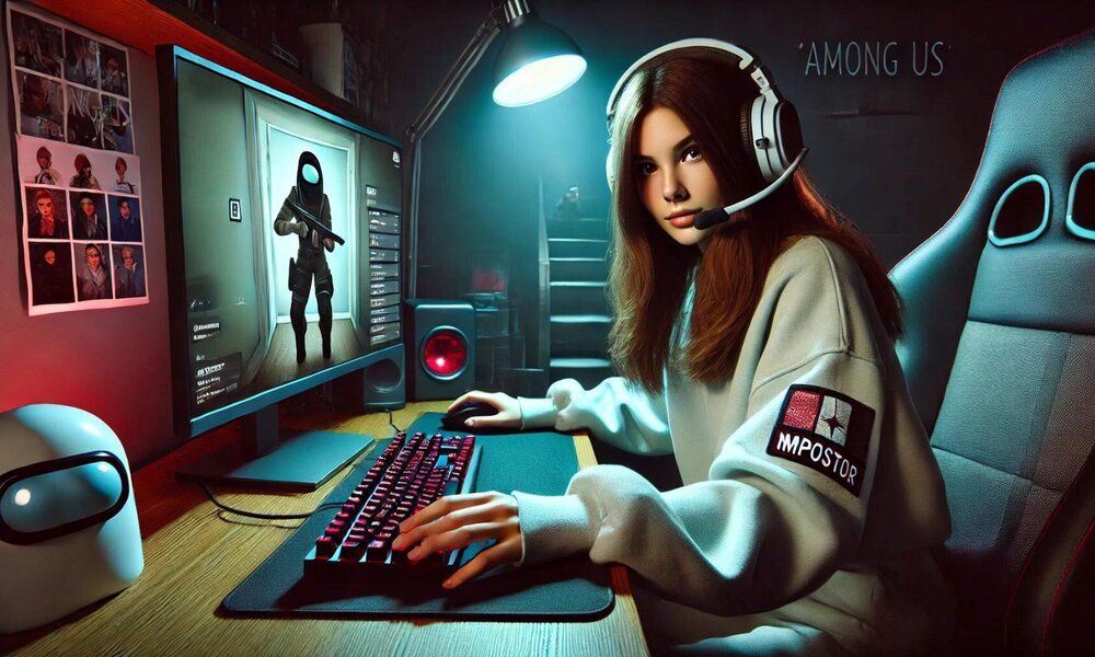 Eine junge Frau mit braunen Haaren und Headset sitzt konzentriert vor einem Gaming-PC, während sie in einem dunklen Raum ein Spiel spielt. | © Sabrina Forst – KI generiert
