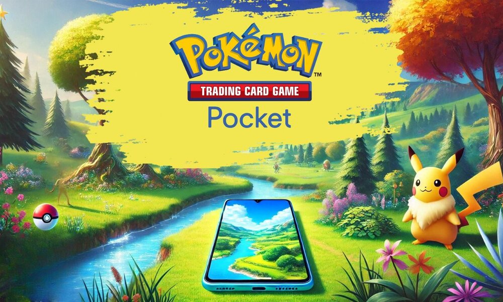 Pikachu steht in einer bunten, idyllischen Landschaft neben einem Smartphone, das einen Fluss und Hügel zeigt, unter blauem Himmel. | © Pokémon Company / Sabrina Forst – KI generiert