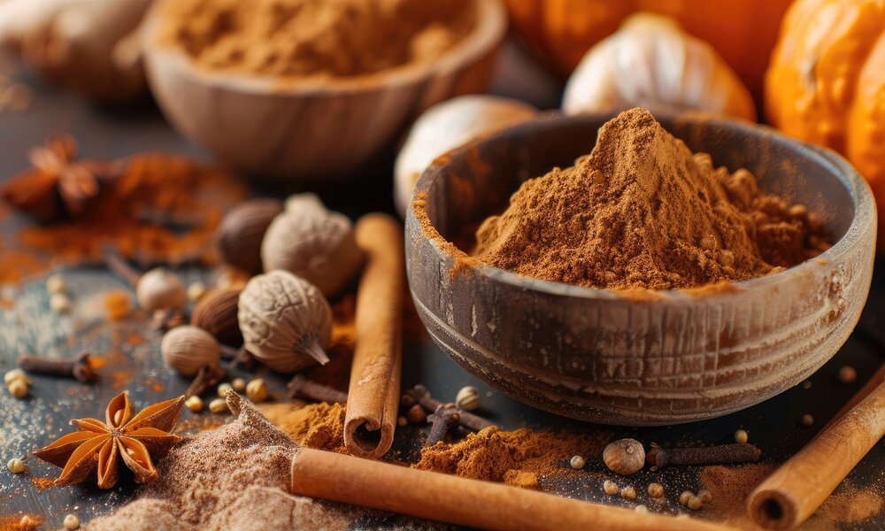 Nahaufnahme von Herbstgewürzen wie Zimt, Muskat und Sternanis, verteilt auf einem Tisch neben einer Holzschale mit gemahlenem Zimt. | © Adobe Stock/ vxnaghiyev