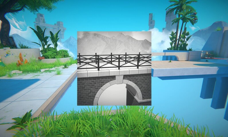 Eine Landschaft mit Steinplatten und Gras, in der Mitte des Bildes ein Schwarz-Weiß-Foto einer Brücke mit Geländer, die optisch genau in den Spalt eines Abgrundes passt. | © Sad Owl Studios
