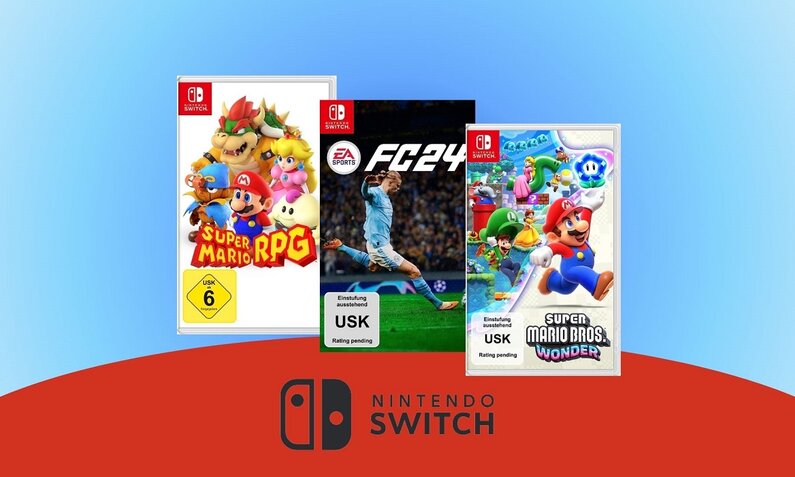 Die Switch-Spiele Super Mario Bros Wonder, EA Sports FC 24 und Super Mario RPG  | © Amazon
