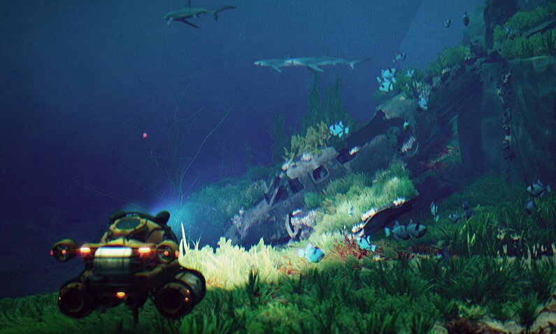 Unten links im Bild ist ein U-Boot zu sehen, das mit Scheinwerfern ein Flugzeug-Wrack anleuchtet. Das liegt zwischen Wasserpflanzen auf dem Meeresgrund- Im Hintergrund ziehen ein paar Haie ihre Bahn. | © Quantic Dream