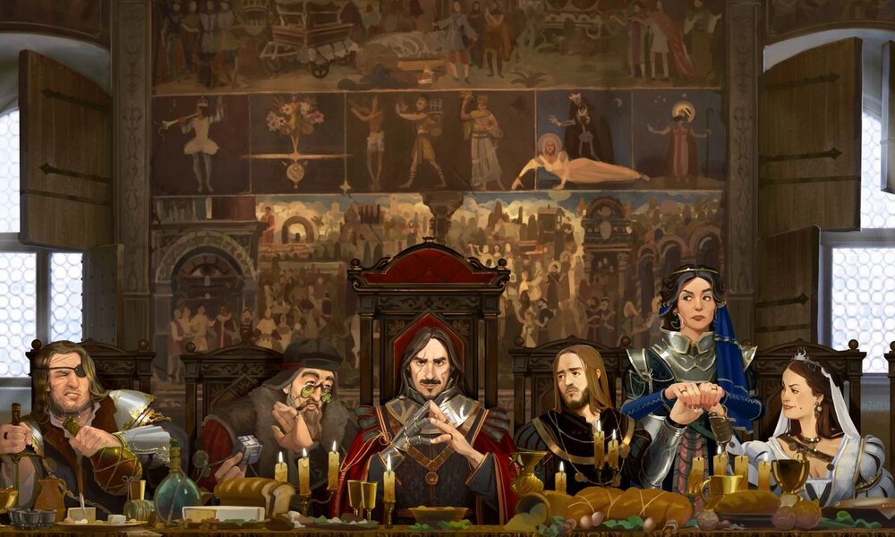 Eine Gruppe Menschen sitzt an einem Tisch. Sie sind mittelalterlich gekleidet und stellen verschiedene Archetypen dar. Ein Kämpfer, eine junge Braut, ein Kaufmann und einige mehr. | © Resistance Games