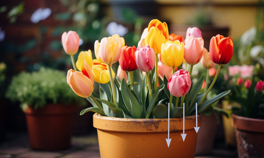 Ein großer Blumetopf aus Ton in Nahaufnahme, aus dem eine große Menge schöner Tulpen wachsen - im Hintergrund sieht man verschwommen einen hübschen Garten | © Midjourney/Katharina Happ